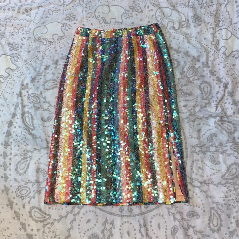 Anthropologie Maeve Sequin Paillette Midi Rainbow Striped Skirt Size 6